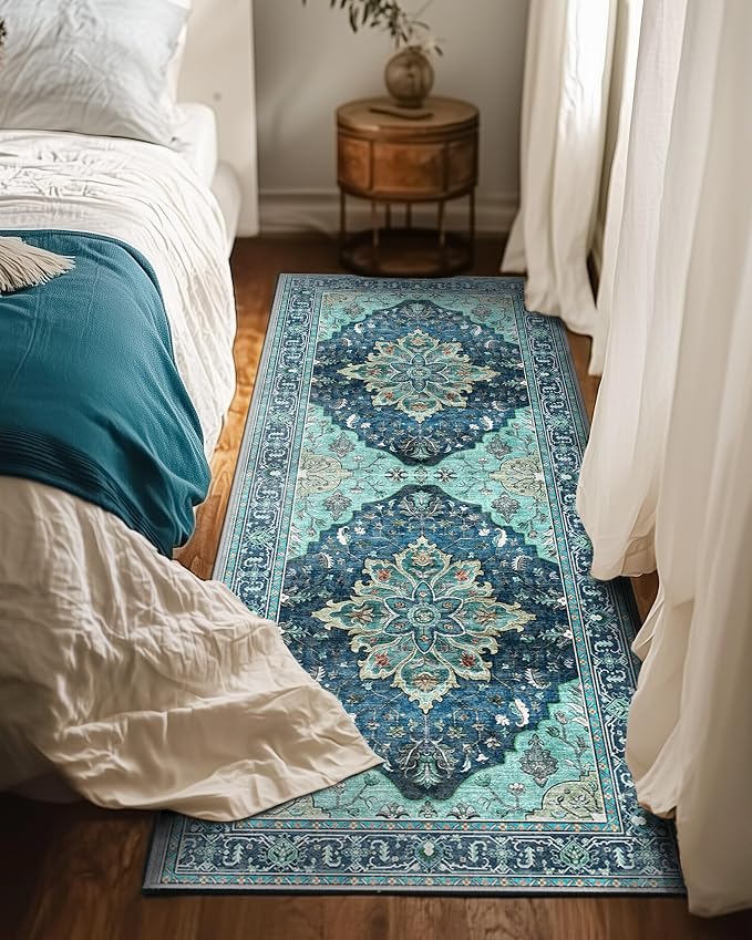 Area Rugs 2'x6' Washable Non-Slip, Floral Vintage Distress Print Pattern - Image 2