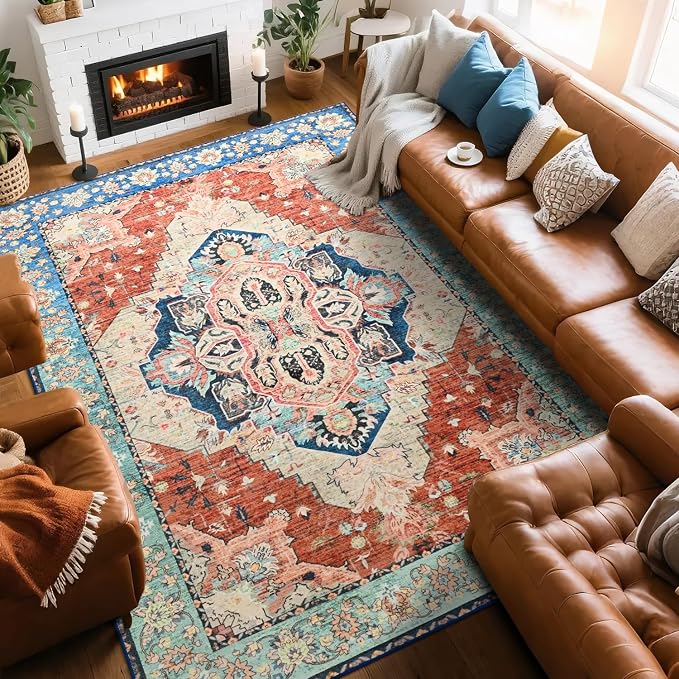 Large Area Rugs 8x10, Low Pile Washable Rugs, Soft Vintage Distressed Rugs by Beglad