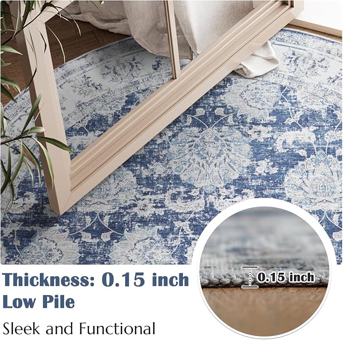 jinchan Fiora Round Rug 5ft Area Rugs Vintage Floral Distressed Design - Image 5