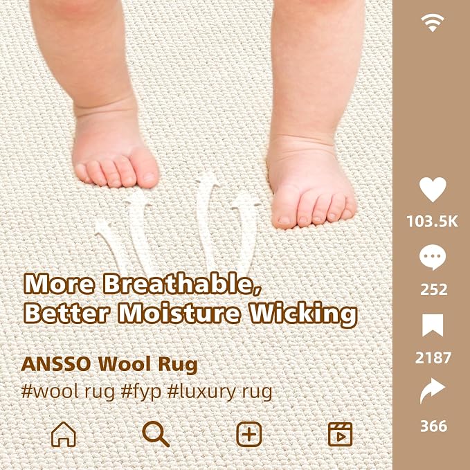 ANSSO Wool Rugs 8x10 for Living Room, 80% Merino Wool and 20% Cotton Soft - Image 6