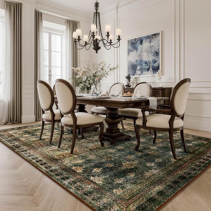 6x9 Washable Area Rug Non Slip, Thin Vintage Floral Living Room Rug Low Pile - Image 3