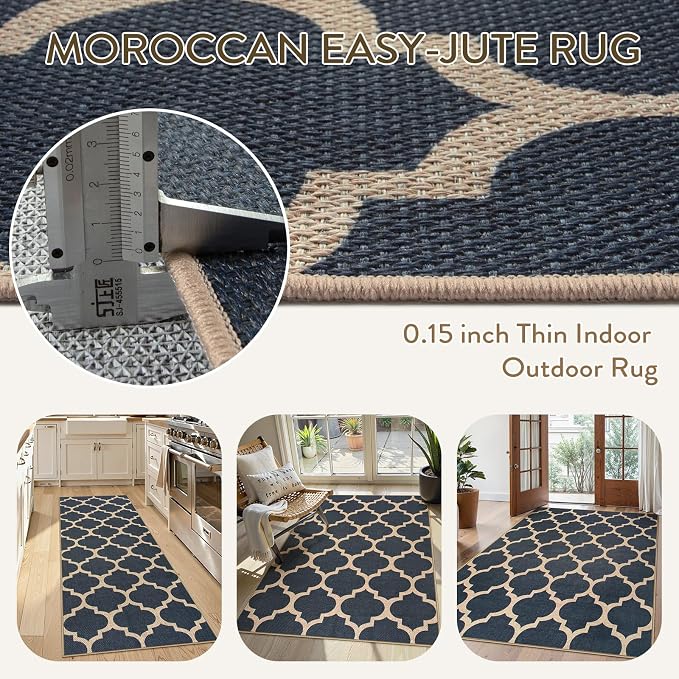 Lahome Moroccan Outdoor Rug 5x7, Easy Jute Blue Washable Rugs - Image 5