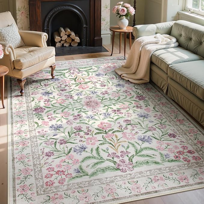 Wonnitar Boho Floral Area Rug 6x9, Washable Purple Rugs - Image 7