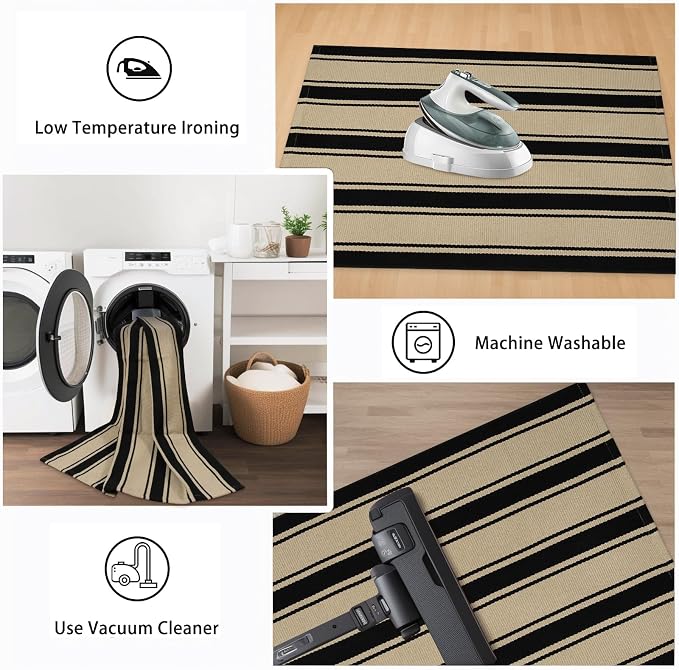 Striped Outdoor Rug 3'x5', Cotton Hand Woven Rug Front Door Mat, Washable - Image 5