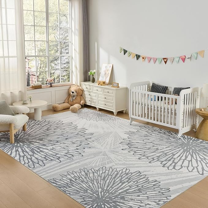 WITSHOCK 10x12 Washable Rug for Living Room, Modern Floral Distress Print - Image 4