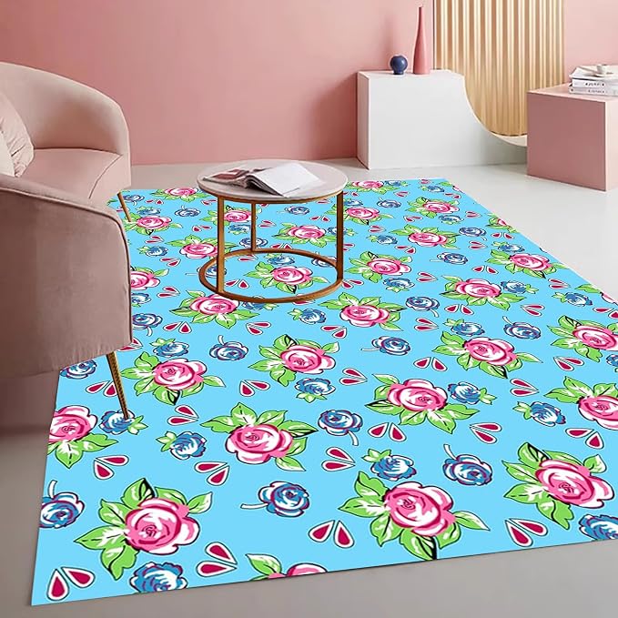 Vintage Floral Area Rug Pink Roses Blue Blooms on Sky Blue Background Romantic by Mamatong