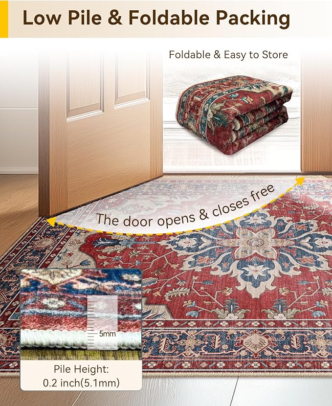 Area Rugs 8'x10' Washable Non-Slip, Floral Vintage Distress Print Pattern - Image 4