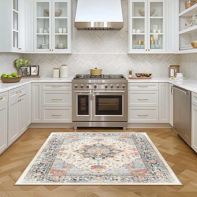 Area Rugs Square 4ft Washable Non-Slip, Floral Vintage Distress Print Pattern - Image 5