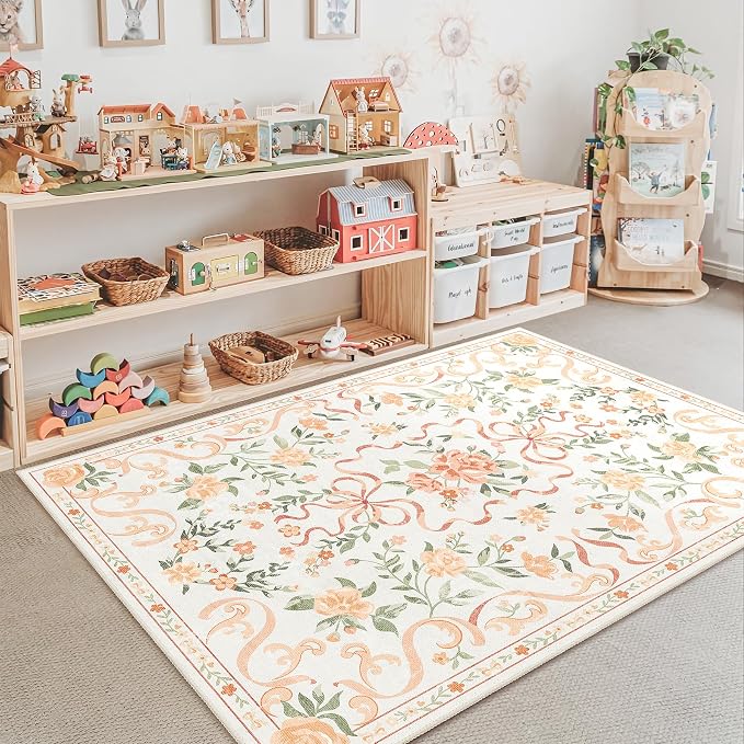 Orange Rug Bow Floral Rug 3x5, Washable Boho Area Rugs Non Slip Low Pile Carpet - Image 2