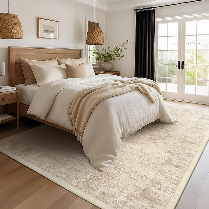 Distressed Beige Rugs for Living Room 6x9, Low Pile Thin Area Rugs for Bedroom - Image 4