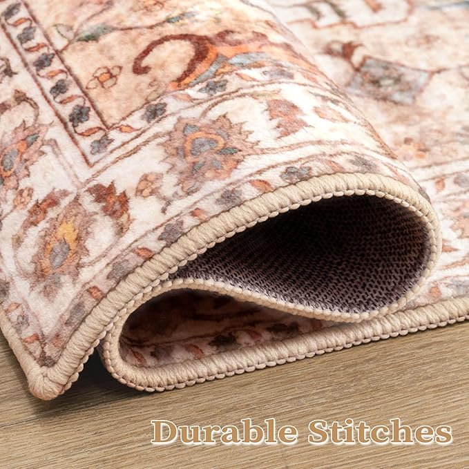 SERISSA 4x6 Boho Bedroom Rug, Washable Non Slip Vintage Peach Cream Area Rugs - Image 6
