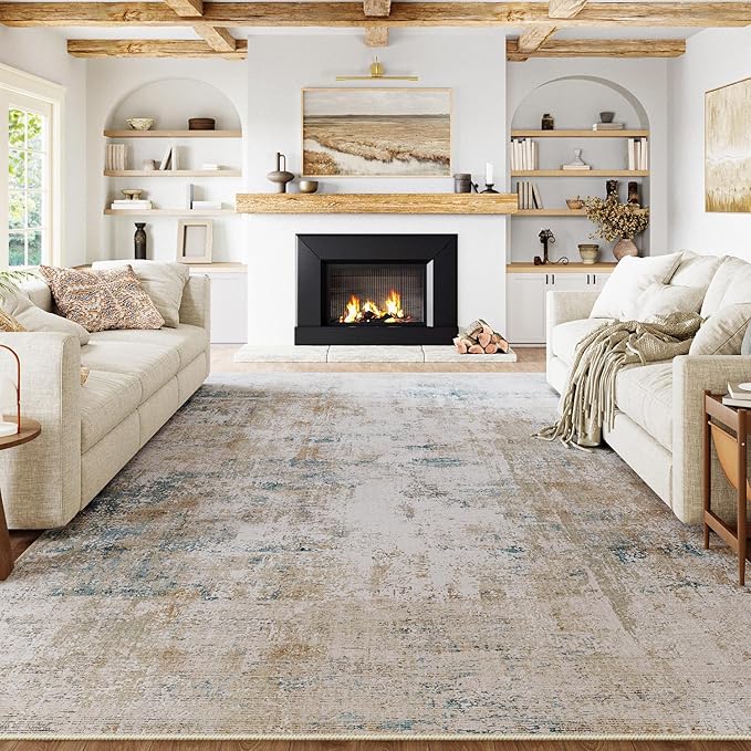 10x14 Area Rug Beige Blue Abstract Living Room Bedroom Washable Carpet Neutral by WondRg