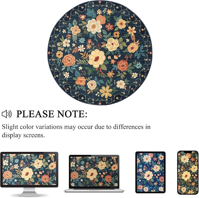 DUKINO Floral Round Rug, 6ft Washable Circle Rug, Non Slip Indoor Low Pile - Image 8