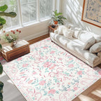 Pink Rug Bow Floral 8x10 Rug, Washable Area Rugs - Image 2