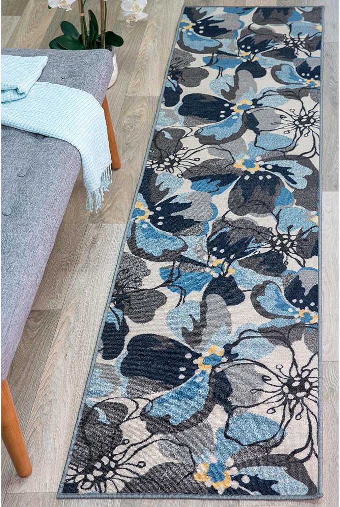Rugshop Modern Large Floral Non-Slip Runner Rug 2' x 10' Gray-Blue - Image 6
