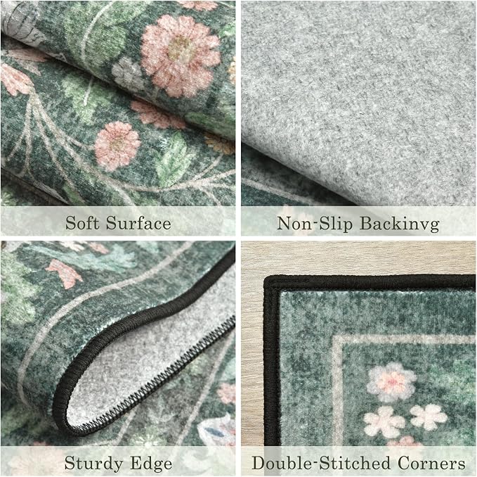 3x5 Washable Area Rug Floral Green Entryway Small Rug Vintage Forest Low Pile - Image 5