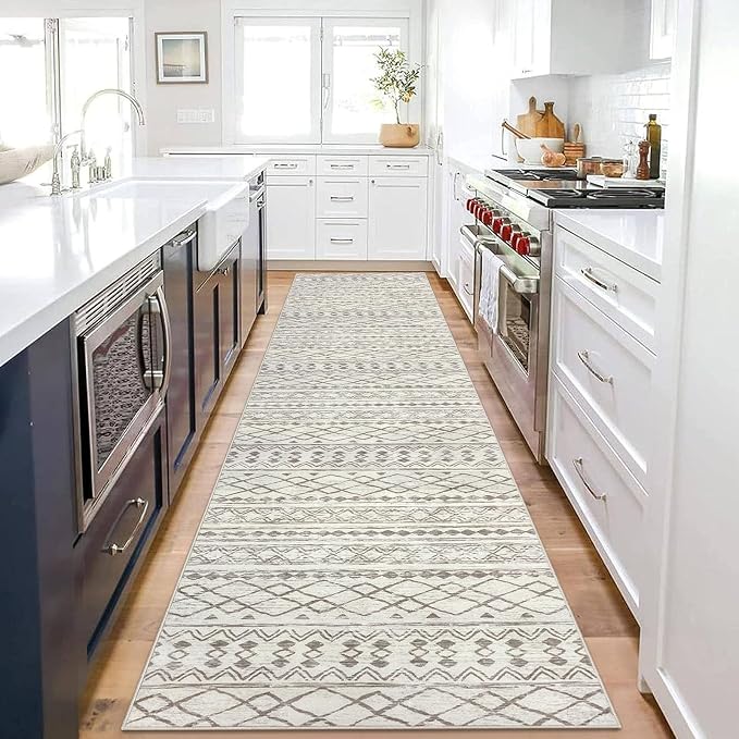 KUTA Moroccan Boho Runner Rug 2.6x10 Non-Slip Vintage Beige Washable Hallway by KUTA