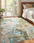 Washable Abstract Rug, 5x7 Willow Green and Blue Floral Area Rugs by Macgace