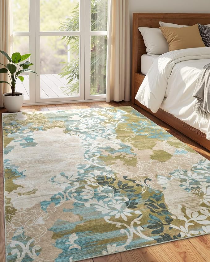Washable Abstract Rug, 5x7 Willow Green and Blue Floral Area Rugs by Macgace