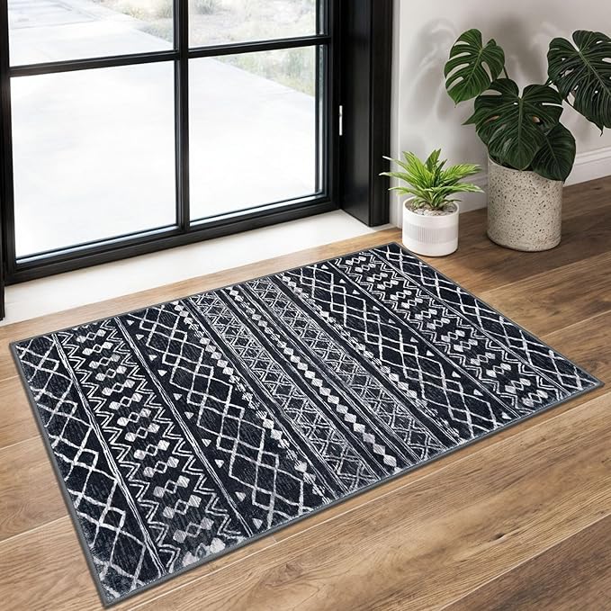 KUTA Moroccan Boho Entryway Rug, 2x3 Black Entrance Small Area Rug Non-Slip by KUTA