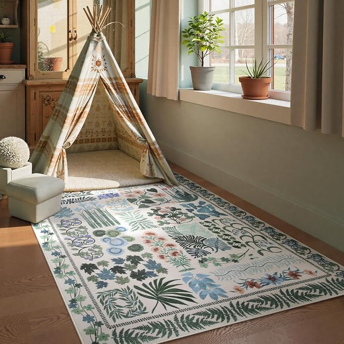 Floral Boho Beige Washable 3x5 Bathroom Entrance Rugs Indoor, Non Slip Flower - Image 8