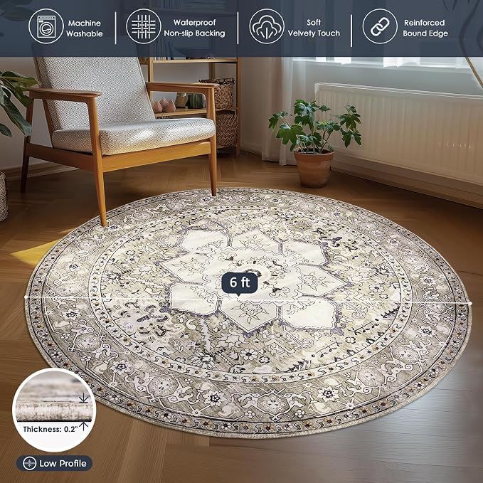 PURRUGS Vintage Farmhouse Boho Area Rug 6x6 ft, Non-Slip Machine Washable Round - Image 3