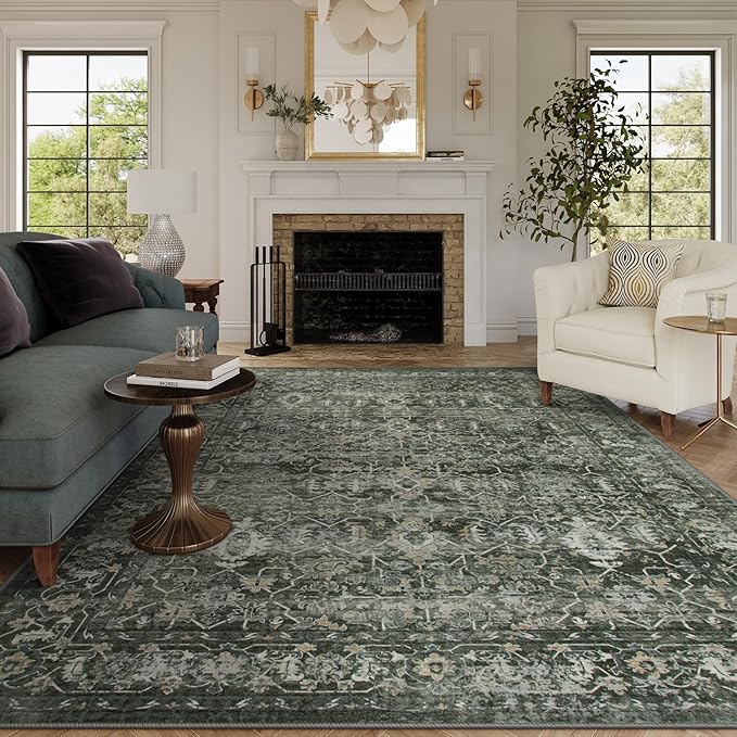 Lahome Boho Green Area Rugs 9x12 Living Room, Washable Large Rugs by Lahome