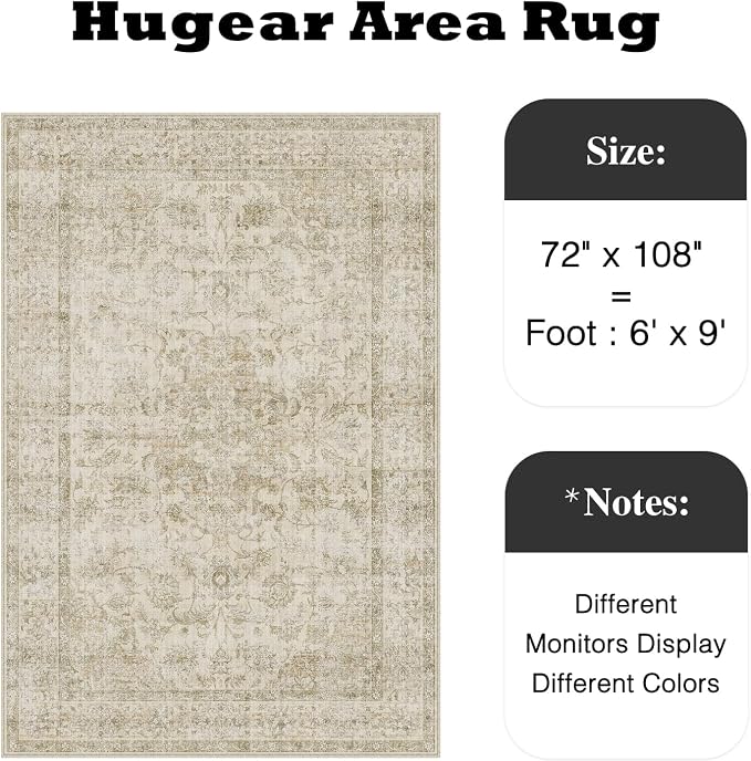 HUGEAR Retro Beige Area Rug 6x9 Machine Washable Living Room Rugs Distressed - Image 2