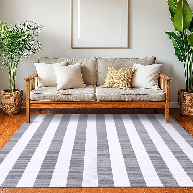 KOZYFLY Grey and White Striped Rug 4'x6' Indoor Outdoor Rug Cotton Hand-Woven - Image 3