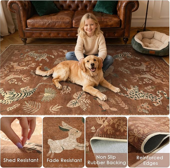 Moynesa Orange 5x7 Bedroom Rugs, Vintage Peacock Floral Washable Area Rugs - Image 3