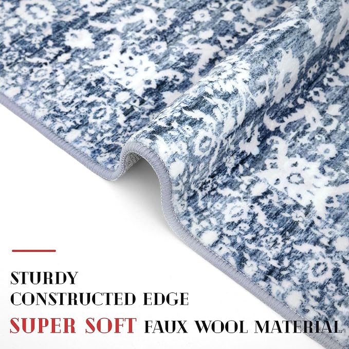 Vintage 4x6 Living Room Washable Rug, Light Blue White Non-Slip Soft Bedroom - Image 4