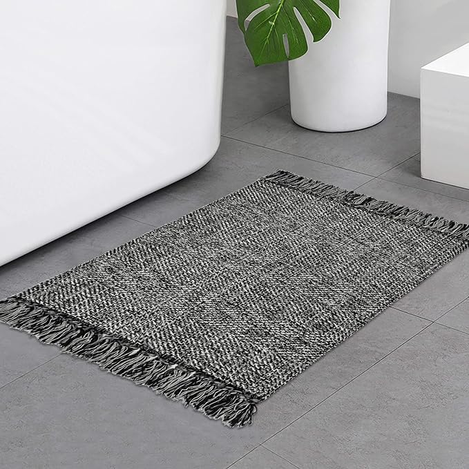 Collive Black Bathroom Rug, Cotton Reversible Entryway Rug Modern Farmhouse by Collive