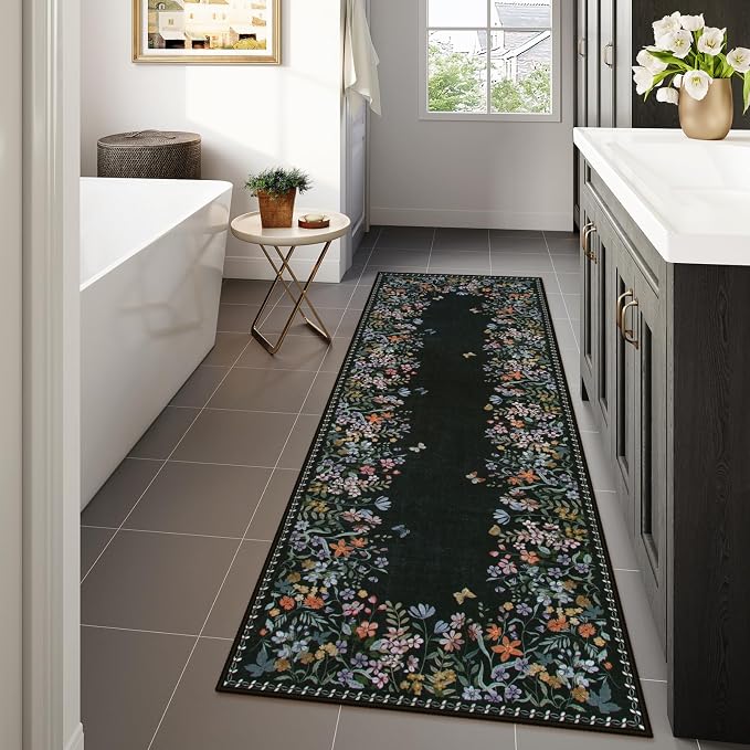 Lahome Boho Floral 2'6"x8 Black Washable Hallway Kitchen Runner Rug, Non Skid - Image 7