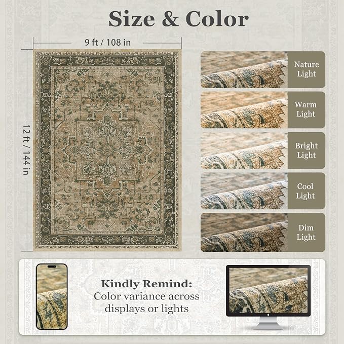 Large Vintage Area Rugs 9x12 for Living Room, Distressed Medallion Printed Big - Image 2