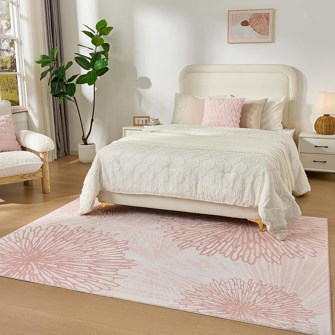 WITSHOCK Pink Rugs 6x8 for Bedroom Girls, Floral Modern Distress Print Pattern - Image 3
