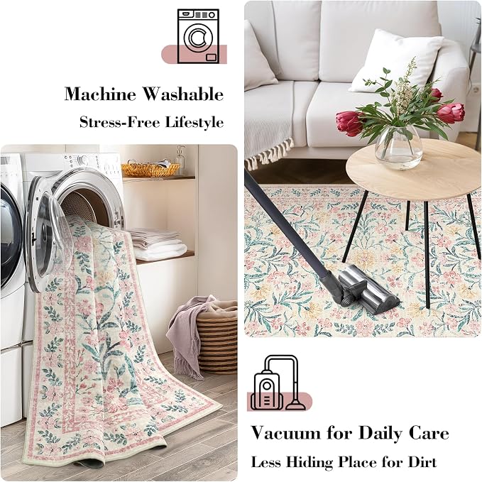 Wonnitar Floral Large Rugs for Living Room, Soft Light Pink Rug Washable 9x12 - Image 5