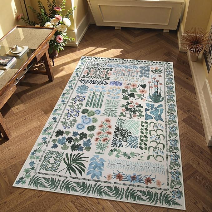 Floral Boho Beige Washable 3x5 Bathroom Entrance Rugs Indoor, Non Slip Flower by Zealude