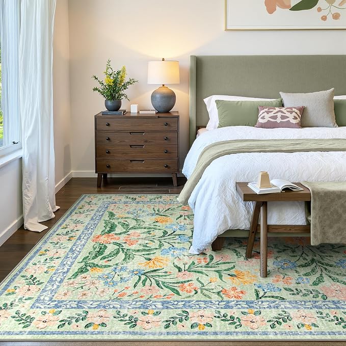 Wonnitar Machine Washable Area Rugs 9x12, Soft Sage Green Floral Rug - Image 2