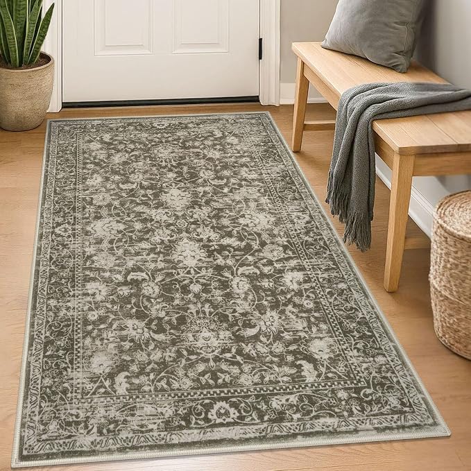 KILOCOCO Area Rug 3x5 Entryway Rug Washable Printed Vintage Floral Rubber by Kilococo