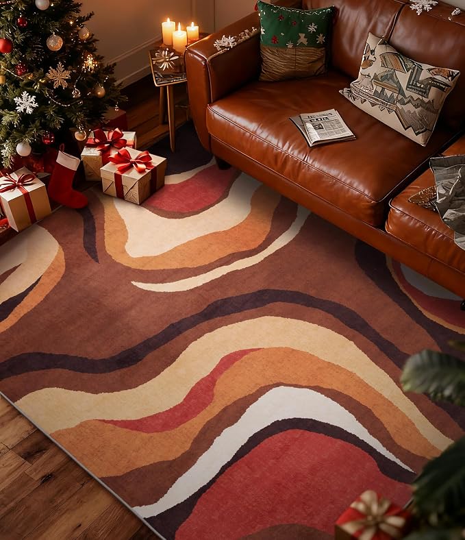 YIHOUSE Burnt Orange Rug 3x5 Washable, Farmhouse Brown Retro Carpets, Geometric by YIHOUSE