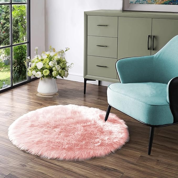 Latepis Round Pink Rug 5ft Faux Fur Sheepskin Circle Rug by Latepis
