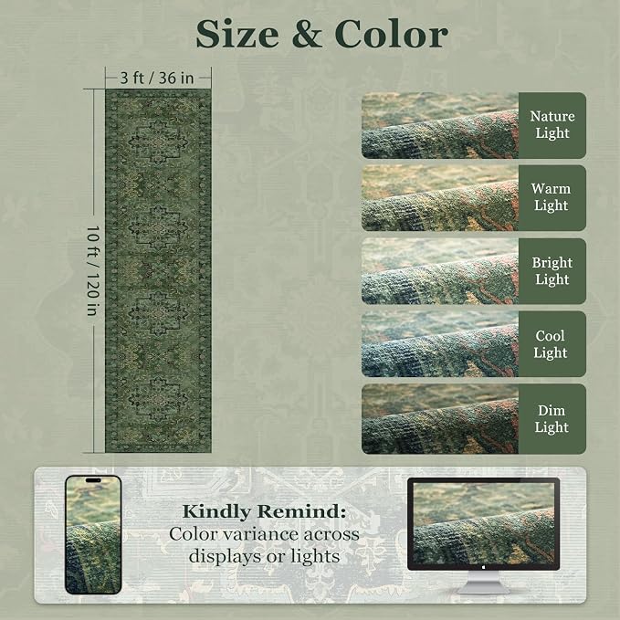 Dark Green 3x10 Long Hallway Runner Rug, Vintage Distressed Medallion Carpet - Image 2