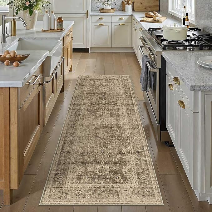 2x6 Washable Runner Rug for Kitchen Hallway Brown Vintage Non-Slip Low Pile - Image 3