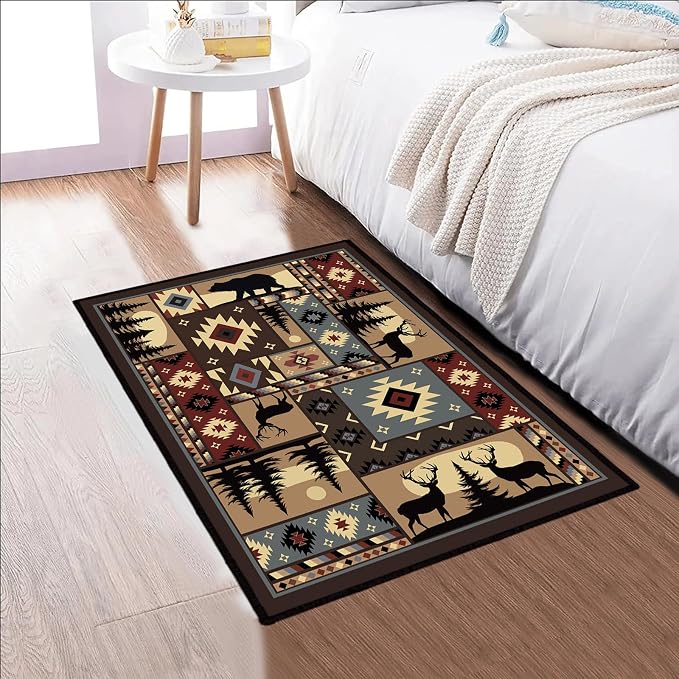 Rustic Cabin Wildlife Entrance 2x3 Rug, Buffalo Plaid Bear Moose Deer Country - Image 3