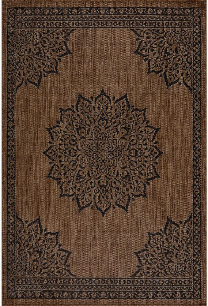 CAMILSON Outdoor Rug, 9x12 Medallion Nut Brown Black Modern Area Rugs - Image 3