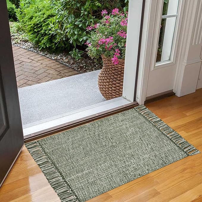Collive Small Bathroom Rug, Olive Green/Cream Cotton Reversible Washable - Image 7