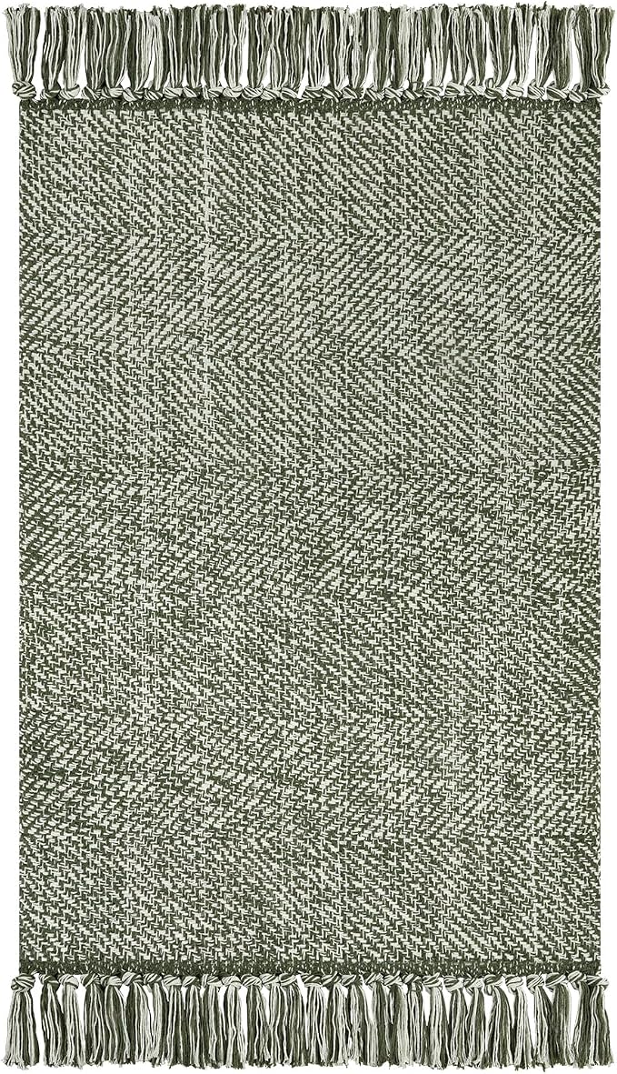 Collive Comfy Area Rug 4' x 6', Olive Green/Cream Woven Cotton Bedroom Rugs - Image 7