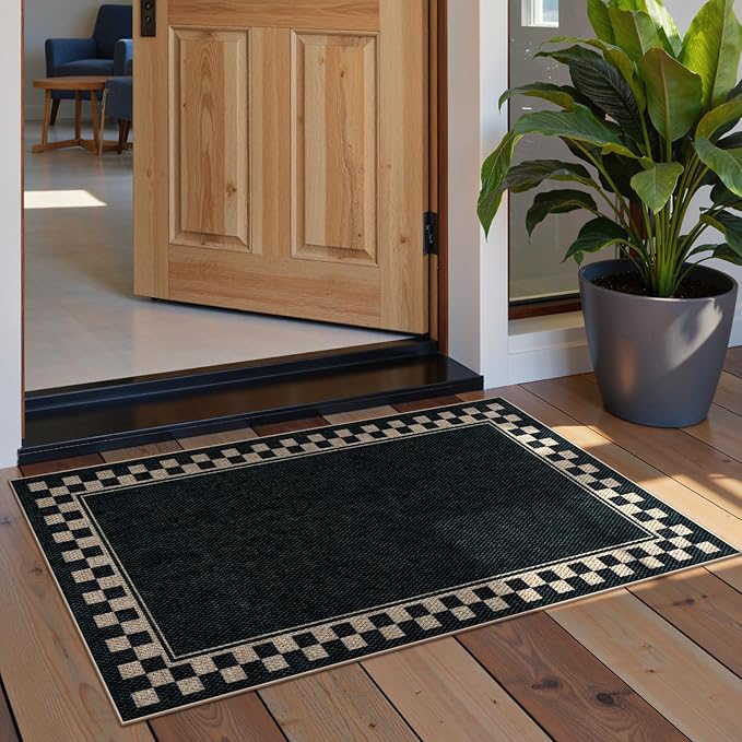 OJIA Easy Jute Kitchen Rug, 2x3 Black Indoor Door Mat Checkered Washable Area by OJIA