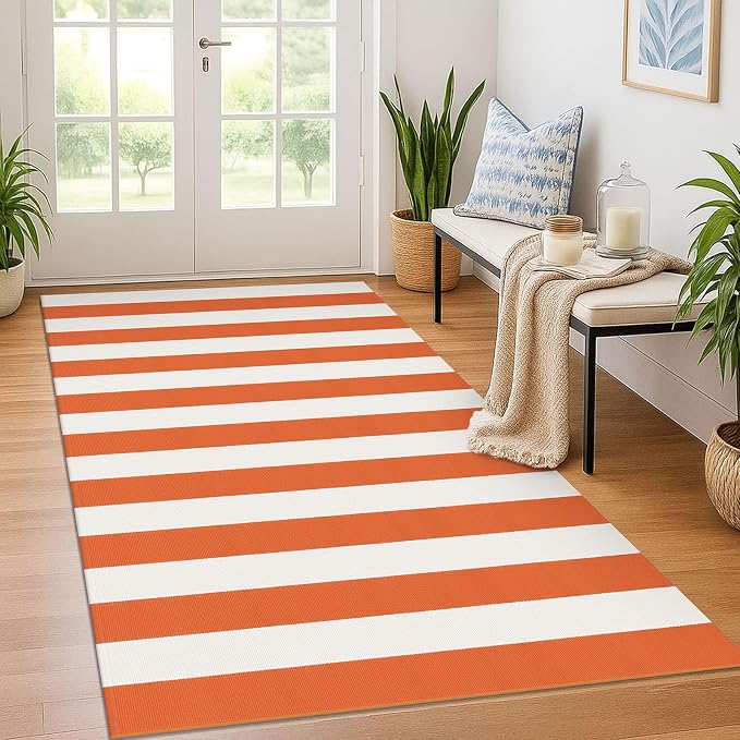 KOZYFLY Striped Outdoor Rug 4x6 Ft Orange and White Halloween Fall Hand Woven by KOZYFLY