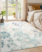 Washable Abstract Rug, 6x9 Ivory and Aqua Floral Area Rugs - Image 2